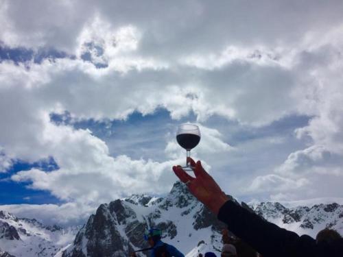 a person holding up a glass of wine on top of a mountain at Hôtel Saint Vincent in Bagnères-de-Bigorre