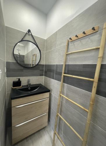 La salle de bains est pourvue d'une échelle, d'un lavabo et d'un miroir. dans l'établissement Maison Cozy à Saint-Brevin à Deux Pas de la Mer, à Saint-Brévin-les-Pins