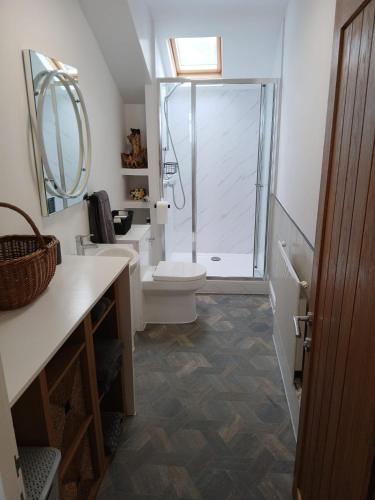 a bathroom with a toilet and a glass shower at Seashell Apartment in Barmouth