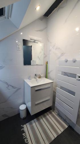 une salle de bain blanche avec un lavabo et un miroir dans l'établissement Appartement de 50m cosy et bien aménagé, à Maîche