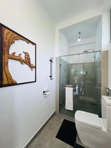 KadirandolaにあるEagle Nestのトイレとガラスのシャワー付きのバスルーム