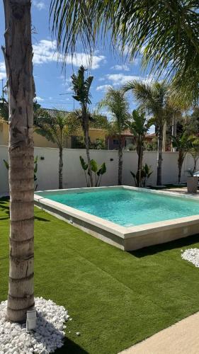 a swimming pool in a yard with a palm tree at Morgana Sea in Catania
