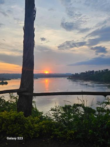 a sunset over a river with a tree and a fence at Nile river cottages in Jinja