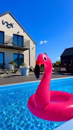 a pink flamingo float in a swimming pool at Loox Ostrovo- Boutique House-noclegi nad morzem in Ostrowo