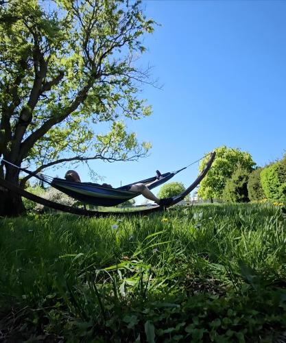 a woman laying in a hammock in a park at Landhaus Charlotte - Feldblick in Wassersuppe