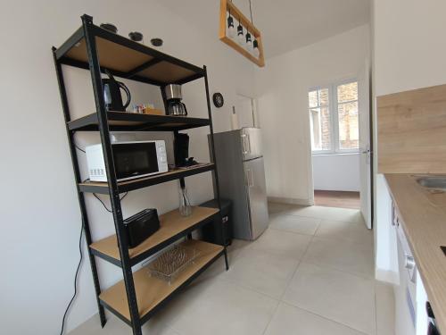 a kitchen with a shelf with a microwave and a refrigerator at Appartement Diamant 2 pers - L'Artdu'Net - in Sedan