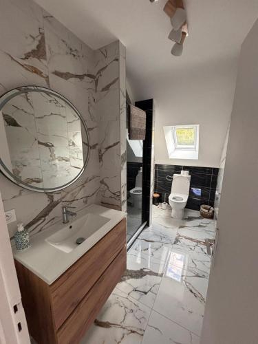 une salle de bain avec un lavabo et un miroir et des toilettes dans l'établissement Locquirec Les pieds dans l'eau 6 personnes, à Locquirec