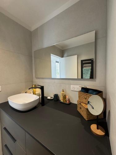 une salle de bain avec un lavabo et un miroir dans l'établissement La petite maison Corse, à Porto-Vecchio