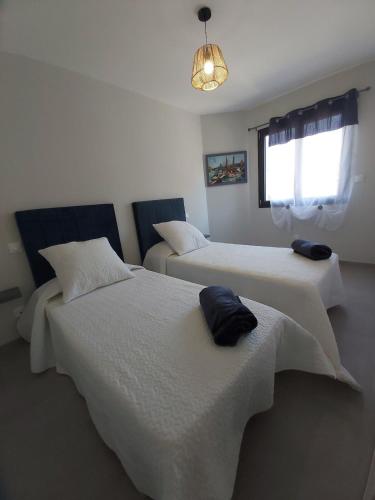 une chambre avec deux lits et une fenêtre dans l'établissement Paisible vacance proche de la mer, au Grau-dʼAgde