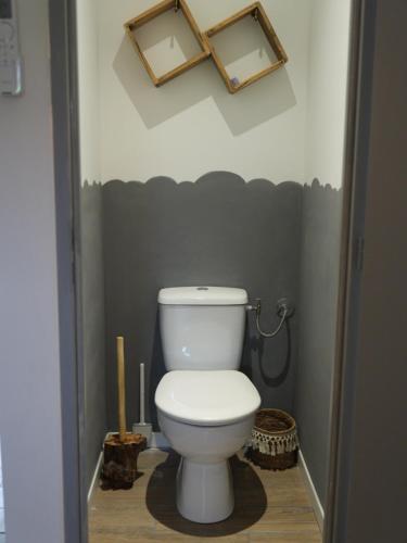 a bathroom with a white toilet in a room at Chambre d hôtes Atelier de Jean Paul in Prades