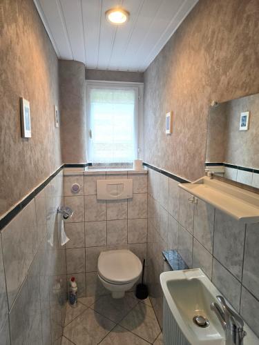 une salle de bain avec toilettes et lavabo dans l'établissement Chalet sous les sapins, calme, superbe vue avec piscine et sauna, à Gerbamont 