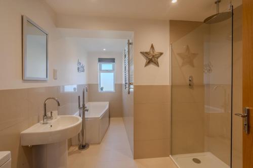 a bathroom with a shower and a sink and a toilet at Cobbles End by Winterton Cottages in Winterton-on-Sea