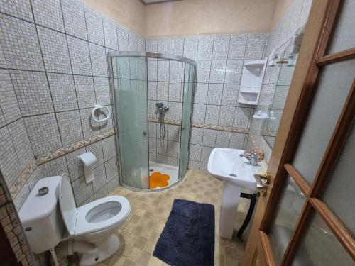 a bathroom with a shower and a toilet and a sink at Family Beach Apartment Marbella in El Jadida