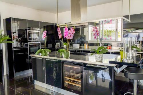 - une cuisine avec un comptoir orné de vases de fleurs dans l'établissement Villa Deluxe Antibes & Private Appartement - Pool - Spa - Cinéma, à Antibes
