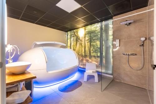 a bathroom with a tub and a shower at Loo Mare - Floating Tiny House All inclusive in Merselo