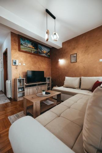 a living room with a couch and a tv at Bella Apartmani in Valjevo