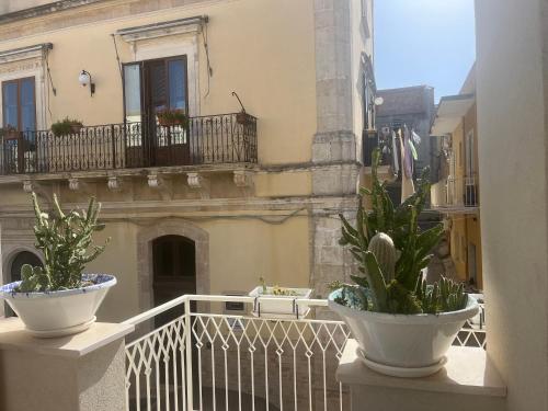 two potted plants sitting on the balcony of a building at La casa di Tina in Pachino