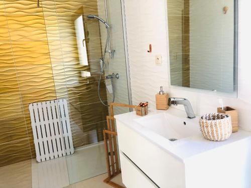 une salle de bain avec un lavabo et une douche dans l'établissement LE MAS DES oliviers, à La Celle-sous-Gouzon