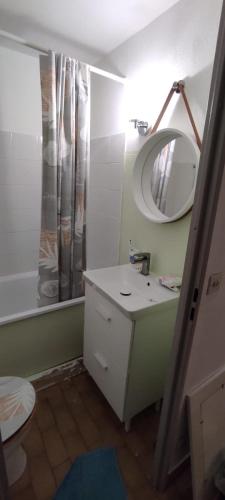 une salle de bain avec un lavabo et un miroir dans l'établissement Petit appart sympa clim piscine balcon, à Gruissan