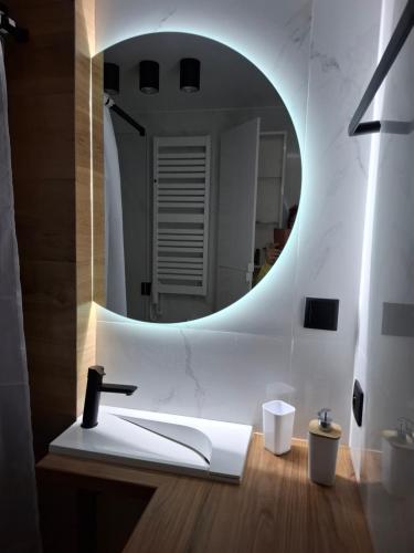a bathroom with a sink and a mirror at Blue Mare Hebe Apartament in Łukęcin