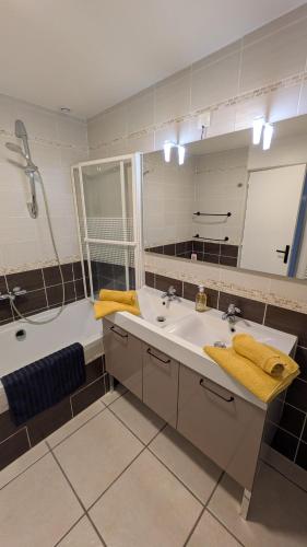 une salle de bain avec un lavabo, une baignoire et un miroir dans l'établissement gite de l'ille, à Peyriac-de-Mer