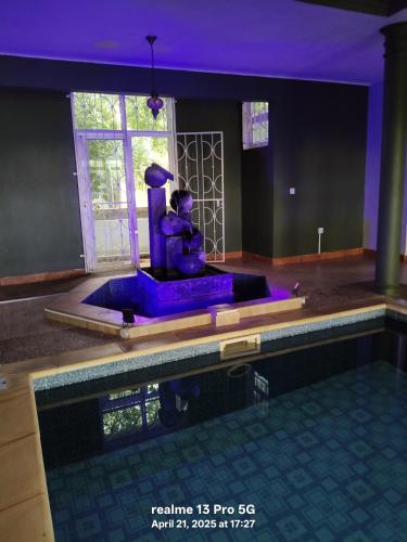 a swimming pool with a fountain in the middle of it at Lariad BNB in Rivière Noire