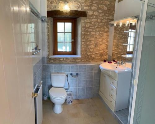 a bathroom with a toilet and a sink and a window at Lovely family house in the middle of nature in Saint-Marcel-du-Périgord