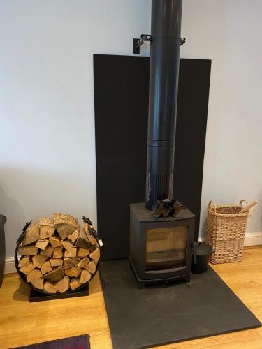 a wood stove and a basket of logs on the floor at Bennett's End in Selsey
