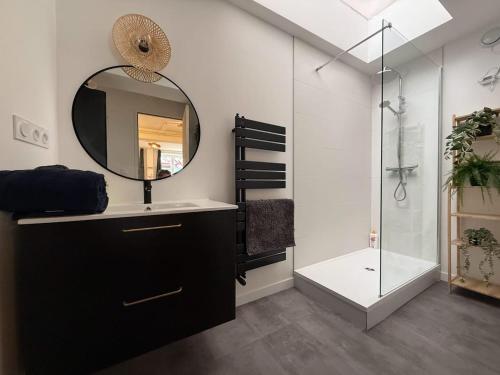 La salle de bains est pourvue d'un miroir, d'un lavabo et d'une douche. dans l'établissement Appartement cosy - Clermont-Fd - 2 J Girod, à Clermont-Ferrand