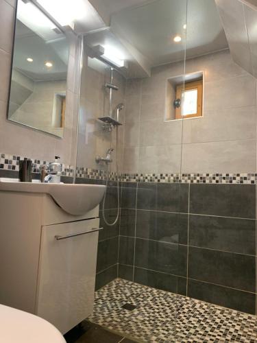 une salle de bain avec une douche, un lavabo et un miroir dans l'établissement Mas ancien sans vis-à-vis avec piscine chauffé dans les collines, à Les Pilles