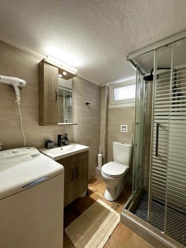 a bathroom with a toilet and a sink and a shower at Seebloom in Perea