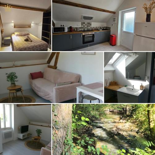 un collage de photos d'une cuisine et d'un salon dans l'établissement Charmant appartement, calme, nature et confort, à Uzerche