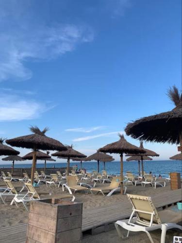 - un bouquet de chaises et de parasols sur une plage dans l'établissement Hacienda, au Barcarès