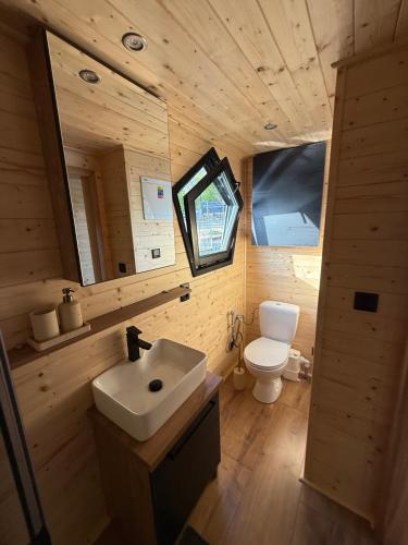 a bathroom with a sink and a toilet at House Boat s výhledem na Wake Port in Brandýs nad Labem-Stará Boleslav