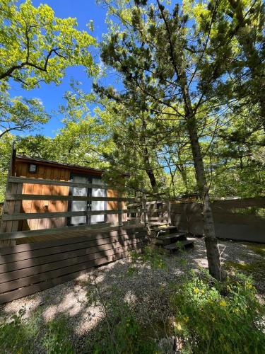 une cabane dans les bois avec un arbre dans l'établissement Camping Les Cent Chênes, à Saint-Jeannet