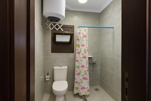 El-ManâkhEscape to a Luxury Chalet in Porto Said的带马桶和浴帘的浴室