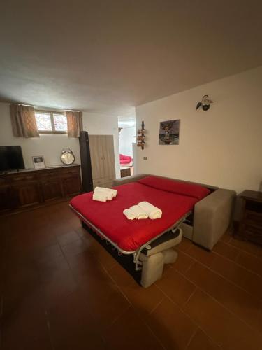 a bedroom with a bed with a red blanket at Oasi degli ulivi in Luni