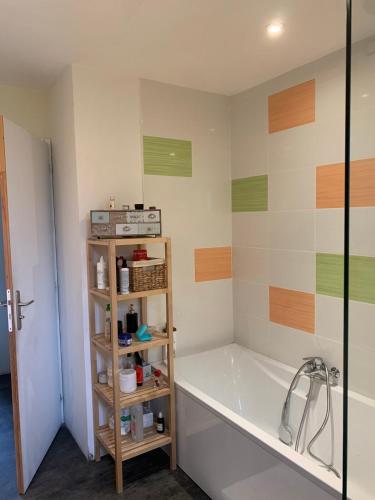 La salle de bains est pourvue d'une baignoire et d'une étagère. dans l'établissement Loft-style house, close to downtown and shops, à Vannes