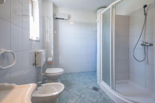 a bathroom with a toilet and a shower and a sink at Villa Dorijana, a beachfront holiday home in Plomin