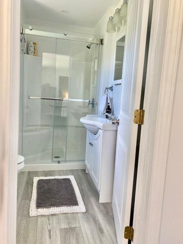 a bathroom with a shower and a sink at Holiday House in Bathurst