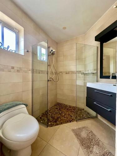 a bathroom with a shower and a toilet and a sink at Bubali Gardens - Eagle Beach's Oasis in Noord