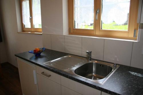 a kitchen counter with a sink and two windows at Beim See in Grindelwald