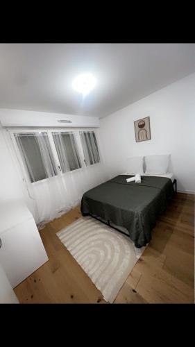 - une chambre avec un lit, un tapis et 2 fenêtres dans l'établissement Apparemment Cosy proximité, à Saint-Denis