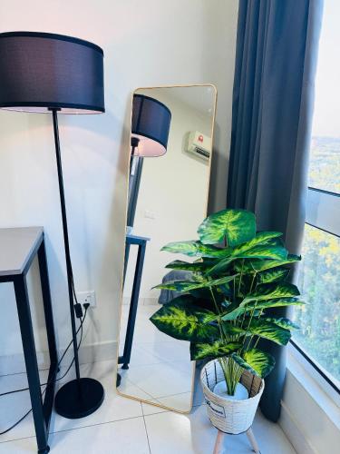 a lamp and a plant in a room with a mirror at CHEAPEST PROMO Private Modern King Suites above Mesamall Nilai, 3 Km to USIM in Nilai
