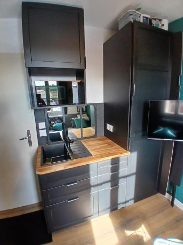 a kitchen with black cabinets and a sink at Le Tiny in Soulac-sur-Mer