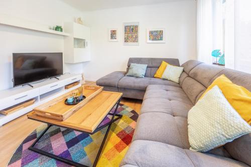 a living room with a couch and a tv at Fewo Resaleen in Öhningen