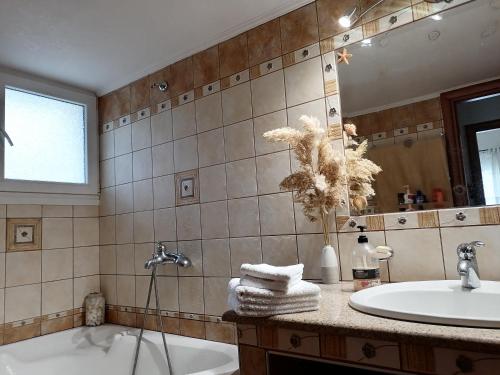 a bathroom with a tub and a sink and a mirror at Aqua Blue villa in Loutrá Elevtherón