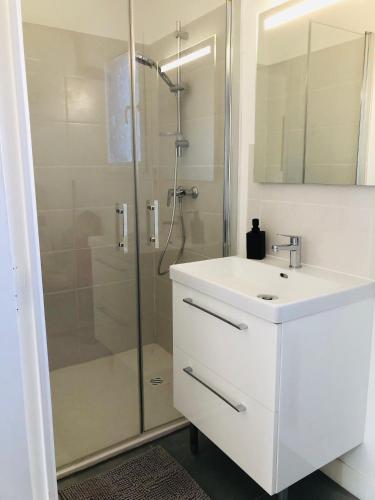 une salle de bain avec un lavabo blanc et une douche dans l'établissement Studio, à Boucau