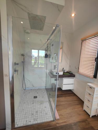 une salle de bain avec douche et lavabo dans l'établissement Villa Lou Samagui avec piscine , 4 chambres, à Montauroux