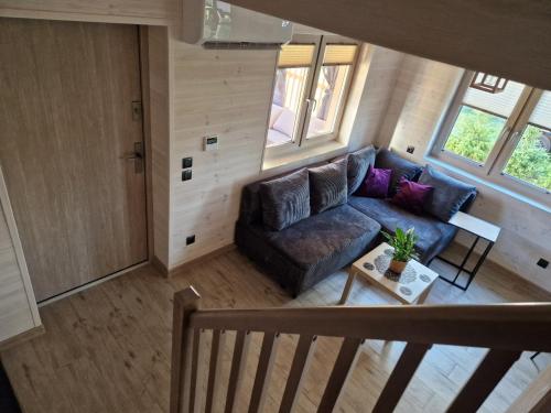 an overhead view of a living room with a couch at Wiele Żurawi in Wiele